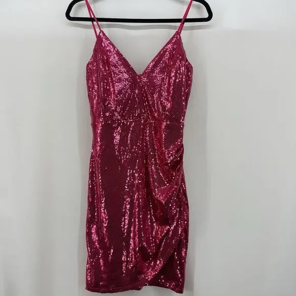 LULUS‎ Size S Glisten Up Sequin Mini Dress Hot Pink Bodycon Cocktail Party bling - Picture 10 of 11